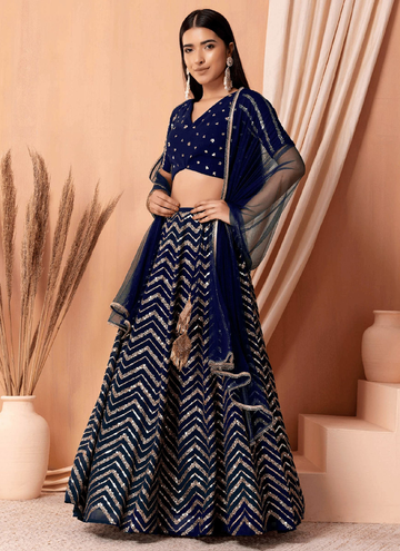 Georgette Navy Blue Sequence Embroidery Work Lehenga Choli Set